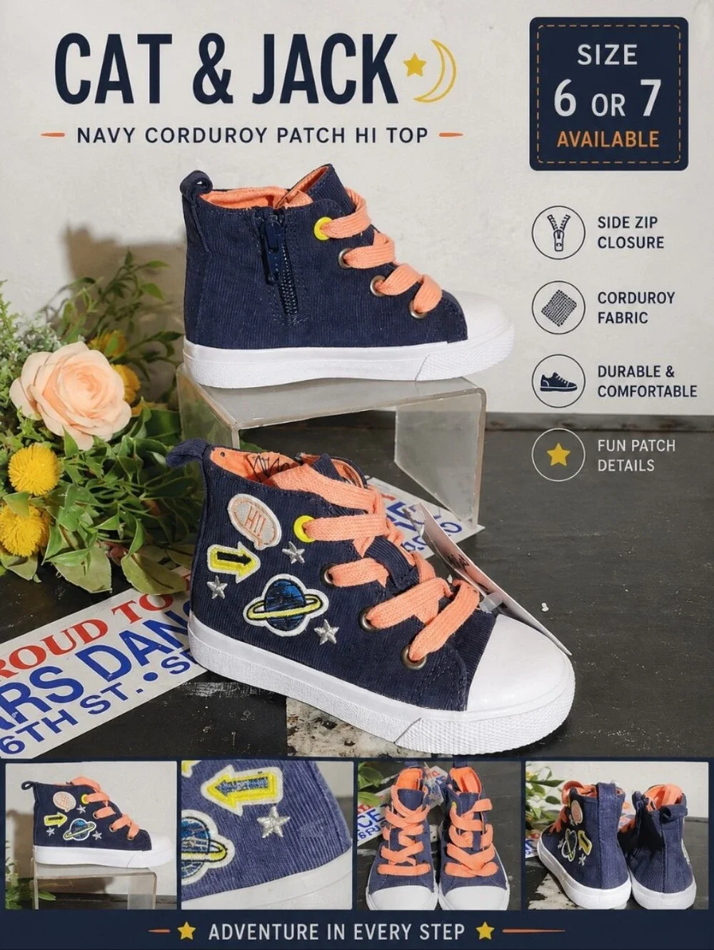 CAT & JACK Navy Corduroy Patch  Moon Star Hi Top Zip Close Size 6 Or 7 Available